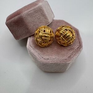 Vintage Signed Givenchy Woven Knot | Basket Weave | Gold Tone Button Earrings